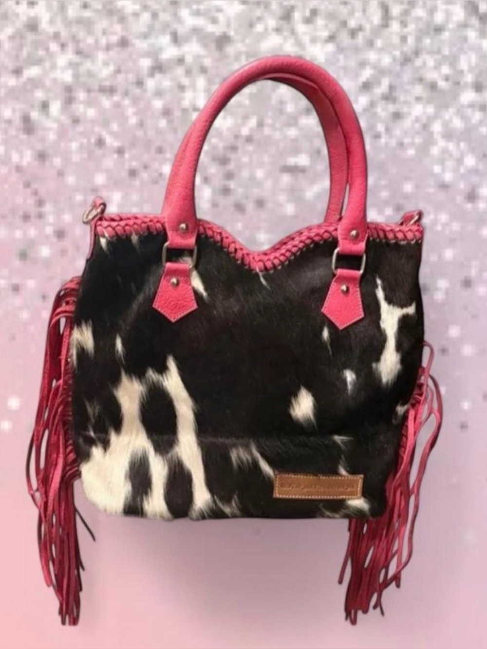 Vintage Cowgirls Cowhide and Leather handbag with pink leather trim & fringe
